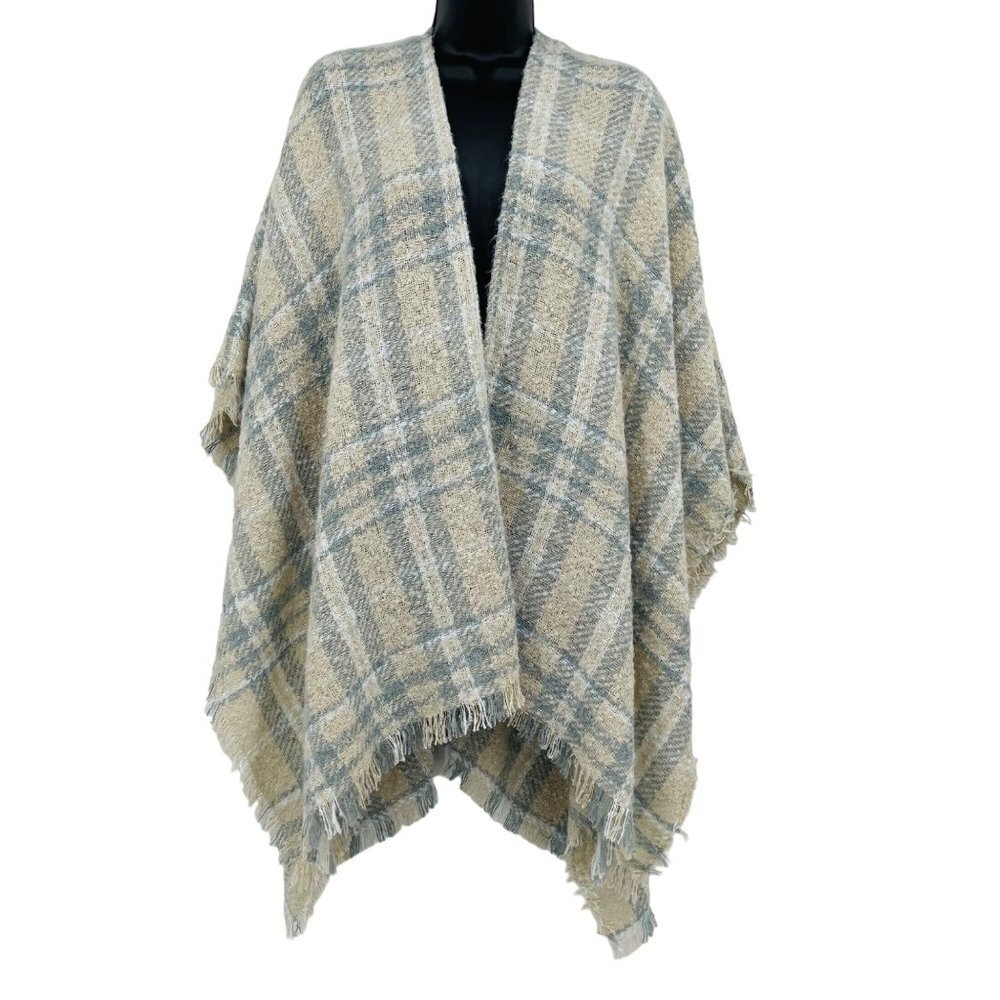 Women's Raw Frayed Plaid Poncho One Size Knit Neutral Shawl Fall Cottagecore